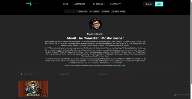 Security scan screenshot of https://nextupcomedy.com/authors/moshe-kasher