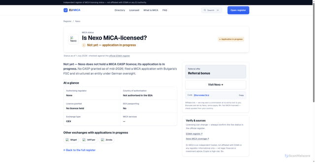 Security scan screenshot of https://eumica.com/exchange/nexo