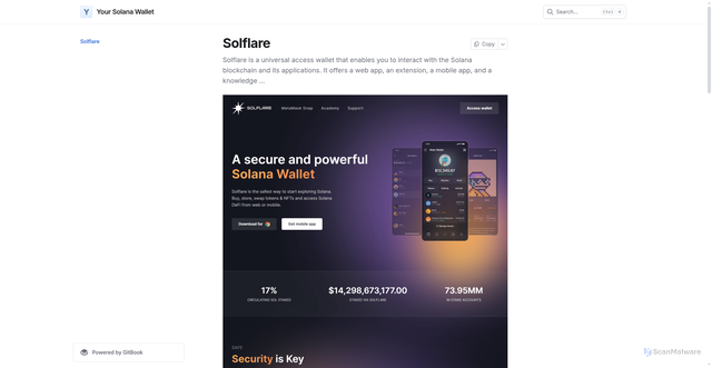 Security scan screenshot of https://guide-solflare-org.gitbook.io/us/