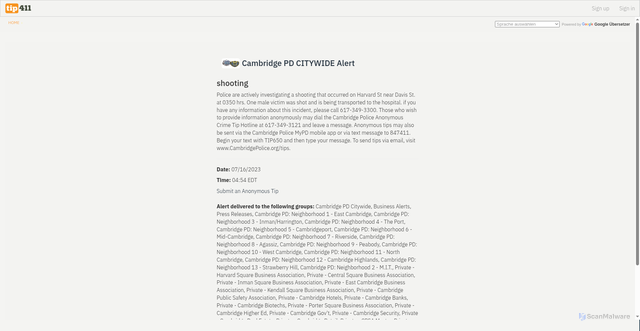 Security scan screenshot of https://tip411.com/alerts/85935