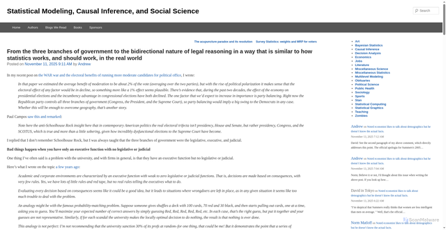 Security scan screenshot of https://statmodeling.stat.columbia.edu/2025/11/11/from-the-three-branches-of-government-to-the-bidirectional-nature-of-legal-reasoning-in-a-way-that-is-similar-to-how-statistics-works-and-should-work-in-the-real-world/