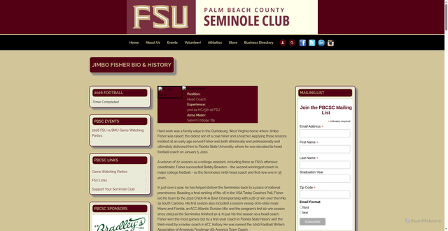 Security scan screenshot of https://www.pbnoles.com/Jimbo%20Fisher%20Bio%20and%20History