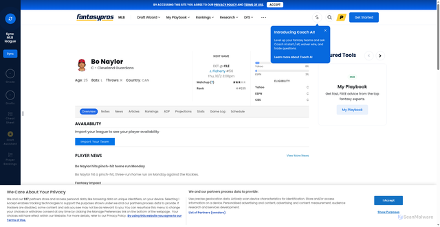 Security scan screenshot of https://www.fantasypros.com/mlb/players/bo-naylor.php