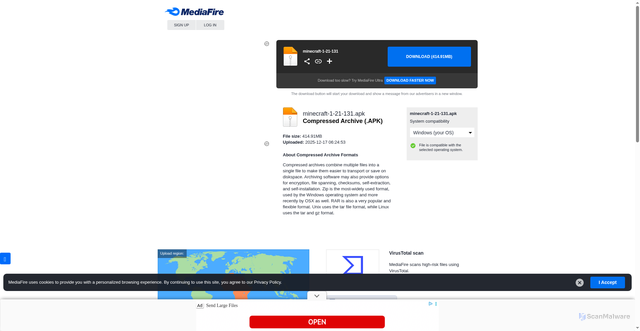 Security scan screenshot of https://www.mediafire.com/file/ab4zfjxq0fjykjv/minecraft-1-21-131.apk/file
