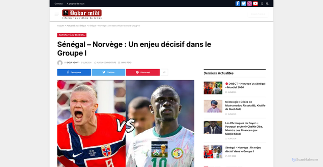 Security scan screenshot of https://www.dakarmidi.net/actualite/senegal-norvege-un-enjeu-decisif-dans-le-groupe-i/