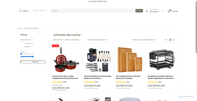 Security scan screenshot of https://aureahogar.shop/collections/para-los-hombres