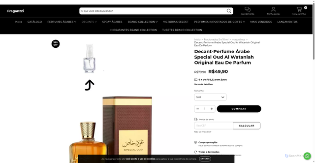 Security scan screenshot of https://fraganzziperfumaria.com.br/produtos/decant-attar-al-wesal-al-wataniah-masculino-eau-de-parfum-ji/