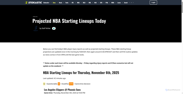 Security scan screenshot of https://www.stokastic.com/nba/projected-starting-lineups/