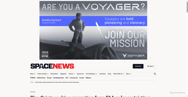 Security scan screenshot of https://spacenews.com/blue-origin-seeking-exemption-from-faa-order-restricting-commercial-launches/