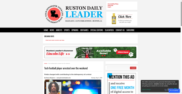 Security scan screenshot of https://www.rustonleader.com/breaking-news-news/tech-football-player-arrested-over-weekend