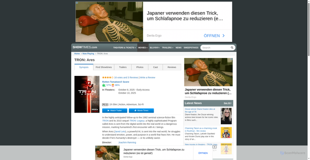 Security scan screenshot of https://www.showtimes.com/movies/tron-ares-171761/