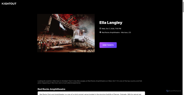 Security scan screenshot of https://nightout.com/amp/events/a/ella-langley-red-rocks-amphitheatre-morrison-wed-oct-07-2026
