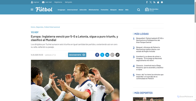 Security scan screenshot of https://www.montevideo.com.uy/Deportes/Europa-Inglaterra-vencio-por-5-0-a-Letonia-sigue-a-puro-triunfo-y-clasifico-al-Mundial-uc939836