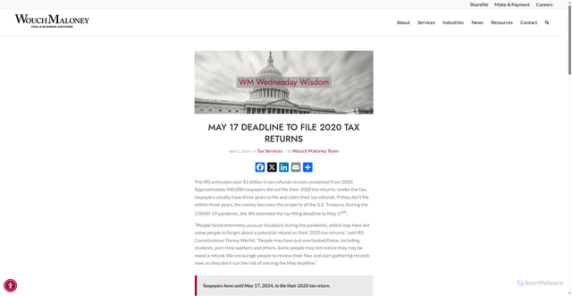Security scan screenshot of https://wm-cpa.com/accounting-insight/may-17-deadline-to-file-2020-tax-returns/