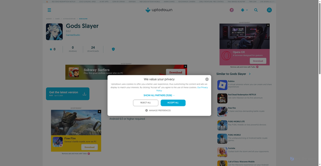Security scan screenshot of https://gods-slayer.en.uptodown.com/android