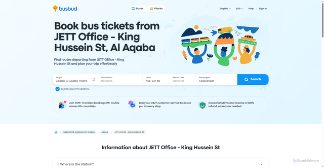 Security scan screenshot of https://www.busbud.com/en/jett-office-king-hussein-st/s/147013