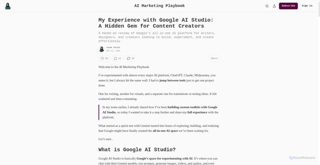 Security scan screenshot of https://aishaimtiaz1.substack.com/p/google-ai-studio-review