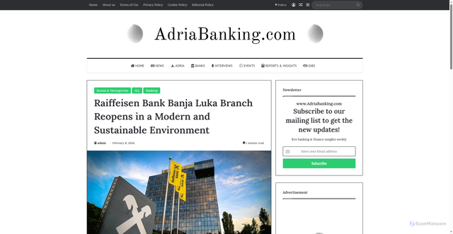 Security scan screenshot of https://adriabanking.com/raiffeisen-bank-banja-luka-branch-reopening-2026/