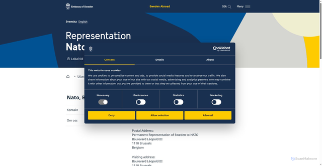 Security scan screenshot of https://www.swedenabroad.se/sv/utlandsmyndigheter/nato-bryssel/kontakt/the-delegation