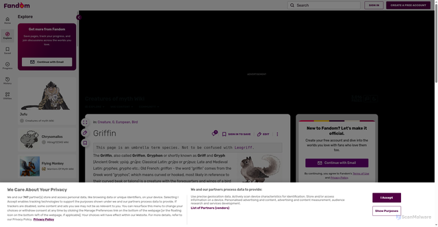Security scan screenshot of https://creatures-of-myth.fandom.com/wiki/Griffin
