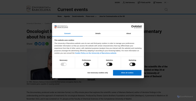 Security scan screenshot of https://web.ub.edu/en/web/actualitat/w/oncologist-mariano-barbacid-presents-at-the-ub-the-documentary-about-his-scientific-career