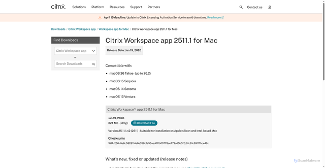 Security scan screenshot of https://www.citrix.com/downloads/workspace-app/mac/workspace-app-for-mac-latest.html?srsltid=AfmBOoqBZFTvb-WiXJgcOrkzmow-Ya6hL-REj_1CR-4JxTkUarCGSJn2