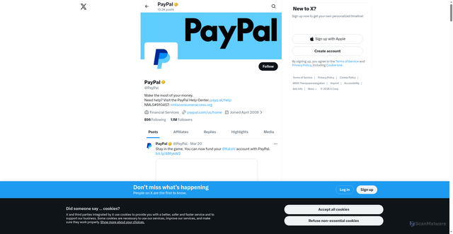 Security scan screenshot of https://x.com/PayPal?v=1%2C0.1&utm_source=unp&utm_medium=email&utm_campaign=RT002546&utm_unptid_8a4901-263b-11f1-ba1c-5bda106b26d6&ppid=RT002546&cnac=US&rsta=en_US%28en-US%29&unptid_8a4901-263b-11f1-ba1c-5bda106b26d6&calc=88a6c7b88b7f2&unp_tpcid=online-user-agreement-change-email&page=main%3Aemail%3ART002546&pgrp=main%3Aemail&e=re&mchn=em&s=ci&mail=sys&appVersion=1.394.0&tenant_name=PayPal&xt=145585%2C150948%2C175544%2C104038&link_ref=twitter.com_paypal