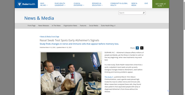 Security scan screenshot of https://corporate.dukehealth.org/news/nasal-swab-test-spots-early-alzheimers-signals