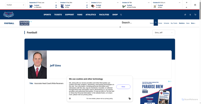 Security scan screenshot of https://fausports.com/sports/football/roster/coaches/jeff-sims/702