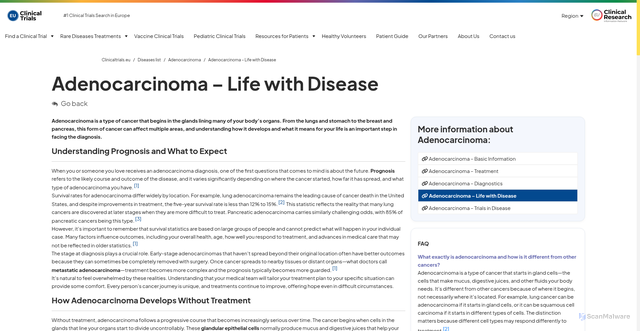 Security scan screenshot of https://clinicaltrials.eu/disease/adenocarcinoma/adenocarcinoma-life-with-disease/