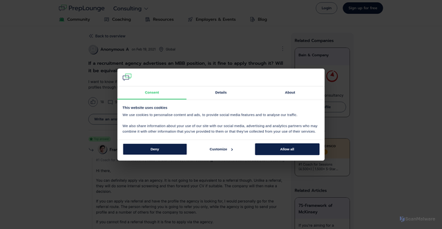 Security scan screenshot of https://www.preplounge.com/consulting-forum/if-a-recruitment-agency-advertises-an-mbb-position-is-it-fine-to-apply-through-it-will-it-be-equivalent-to-a-referral-9303
