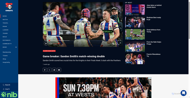 Security scan screenshot of https://www.newcastleknights.com.au/news/2026/09/28/game-breaker-sandon-smiths-match-winning-double/