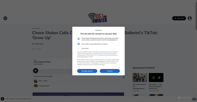 Security scan screenshot of https://1061thetwister.iheart.com/content/2025-11-17-chase-stokes-calls-out-commenters-on-kelsea-ballerinis-tiktok-grow-up/
