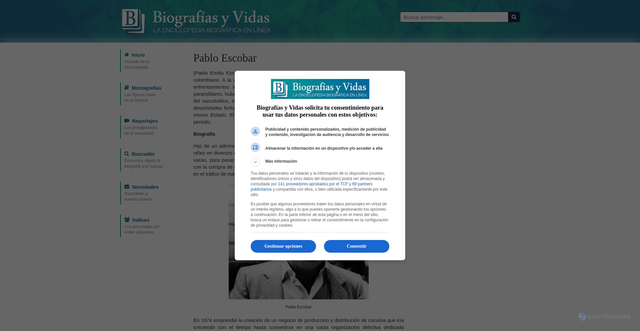Security scan screenshot of https://www.biografiasyvidas.com/biografia/e/escobar_pablo.htm