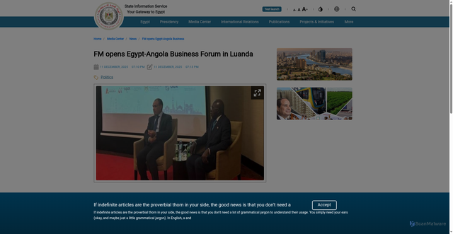 Security scan screenshot of https://sis.gov.eg/en/media-center/news/fm-opens-egypt-angola-business-forum-in-luanda/