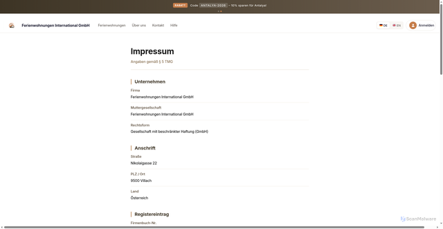 Security scan screenshot of https://ferienwohnung-portal.de/impressum/?lang=de