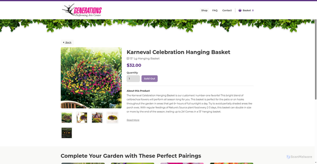 Security scan screenshot of https://generationsperforming.sowzer.com/shop_/t23049/t33178-karneval-celebration-hanging-basket