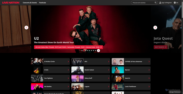 Security scan screenshot of https://www.livenation.com.br/en
