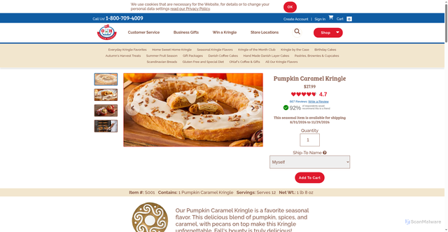 Security scan screenshot of https://www.ohdanishbakery.com/seasonal-kringle-flavors/pumpkin-caramel-kringle?srsltid=AfmBOorkEGI_JJYrHpDVM1imK5ZSXsuC0o78t4Dwp4_C5I4mV65i_Zv6