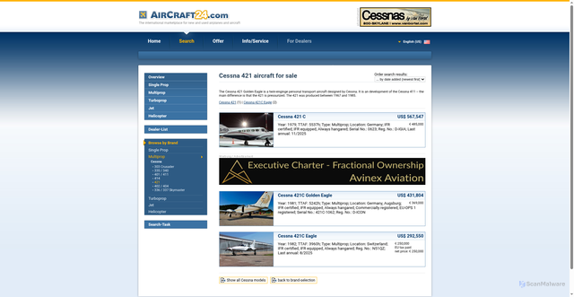 Security scan screenshot of https://www.aircraft24.com/multiprop/cessna/421--xm10090.htm