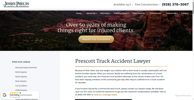 Security scan screenshot of https://www.jensenphelanlawfirm.com/prescott-truck-accident-lawyer/