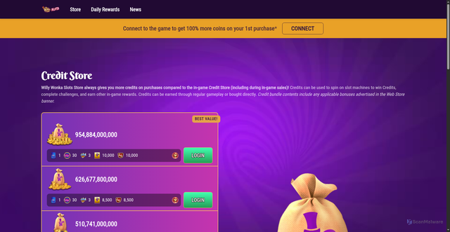 Security scan screenshot of https://willywonkaslots.zynga.com/