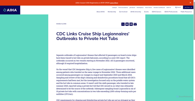 Security scan screenshot of https://www.aiha.org/news/241031-cdc-links-cruise-ship-legionnaires-outbreaks-to-private-hot-tubs