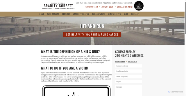 Security scan screenshot of https://www.bradleycorbettlaw.com/hit-and-run/