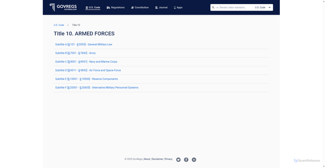 Security scan screenshot of https://www.govregs.com/uscode/title10