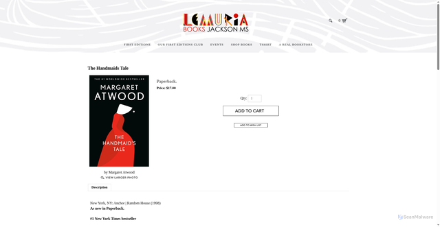 Security scan screenshot of https://www.lemuriabooks.com/The-Handmaids-Tale-p/9780385490818.htm