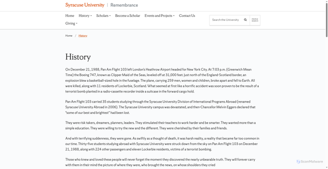 Security scan screenshot of https://remembrance.syr.edu/about/