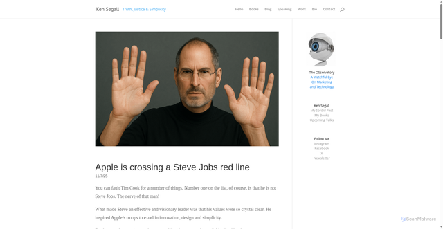 Security scan screenshot of https://kensegall.com/2025/11/07/apple-is-crossing-a-steve-jobs-red-line/