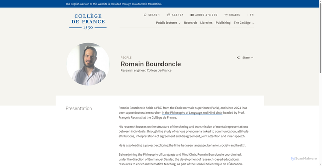 Security scan screenshot of https://www.college-de-france.fr/en/person/romain-bourdoncle