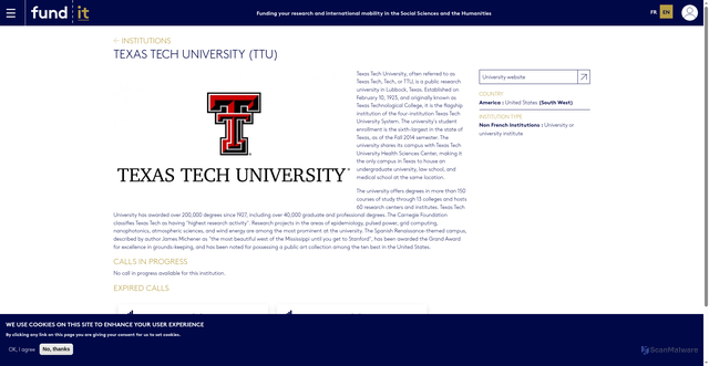 Security scan screenshot of http://fundit.fr/en/institutions/texas-tech-university-ttu